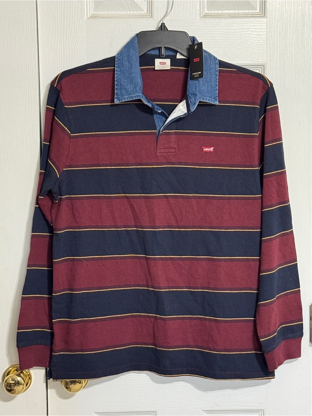 Levi's Burgundy & Navy Striped Long-Sleeve Rugby Polo with Denim Collar